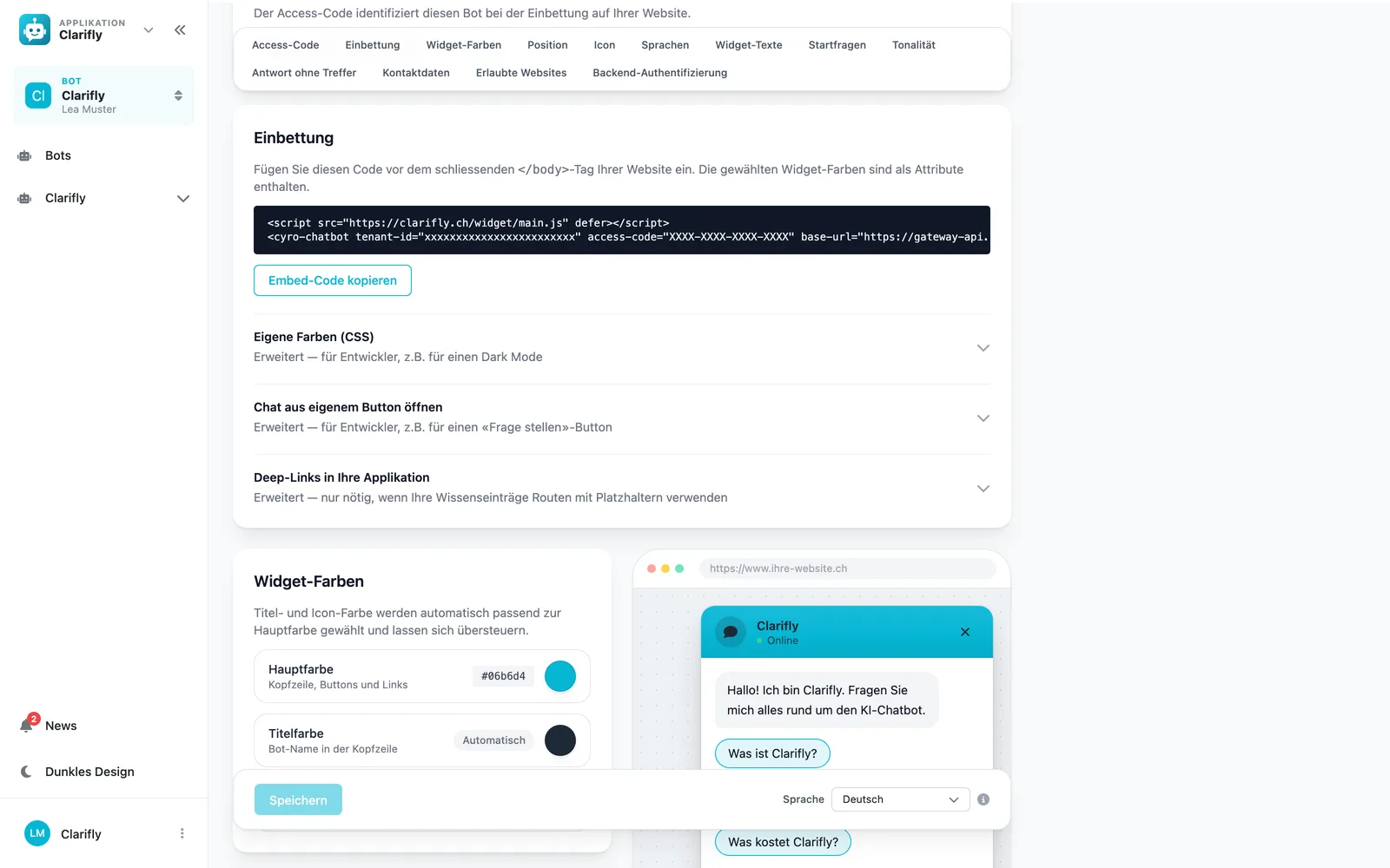 Farbeinstellungen des Widgets mit Live-Vorschau
