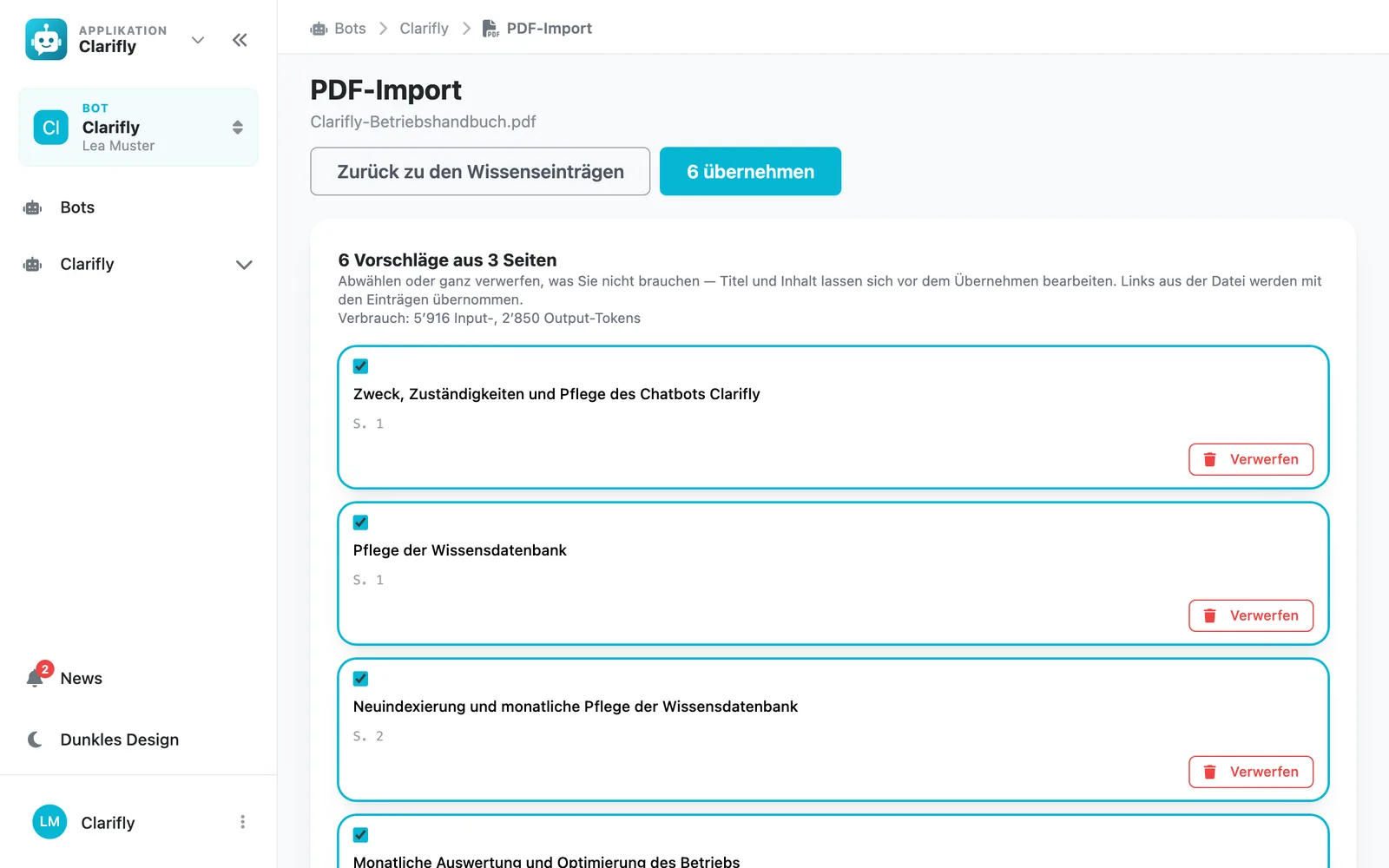 Vorschläge aus einem PDF-Import mit Fortschrittsanzeige