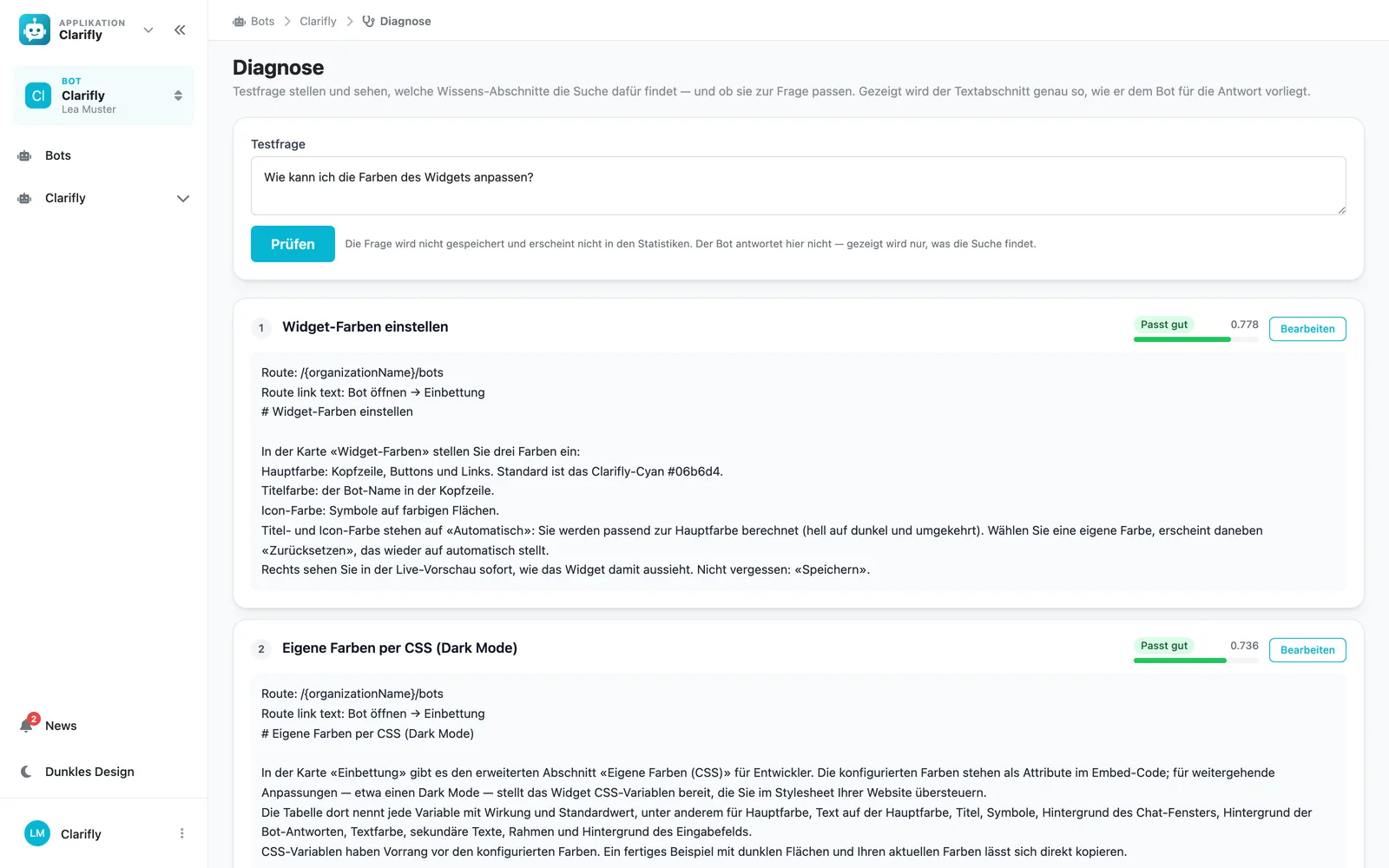 Retrieval diagnostics with matching text passages and similarity scores