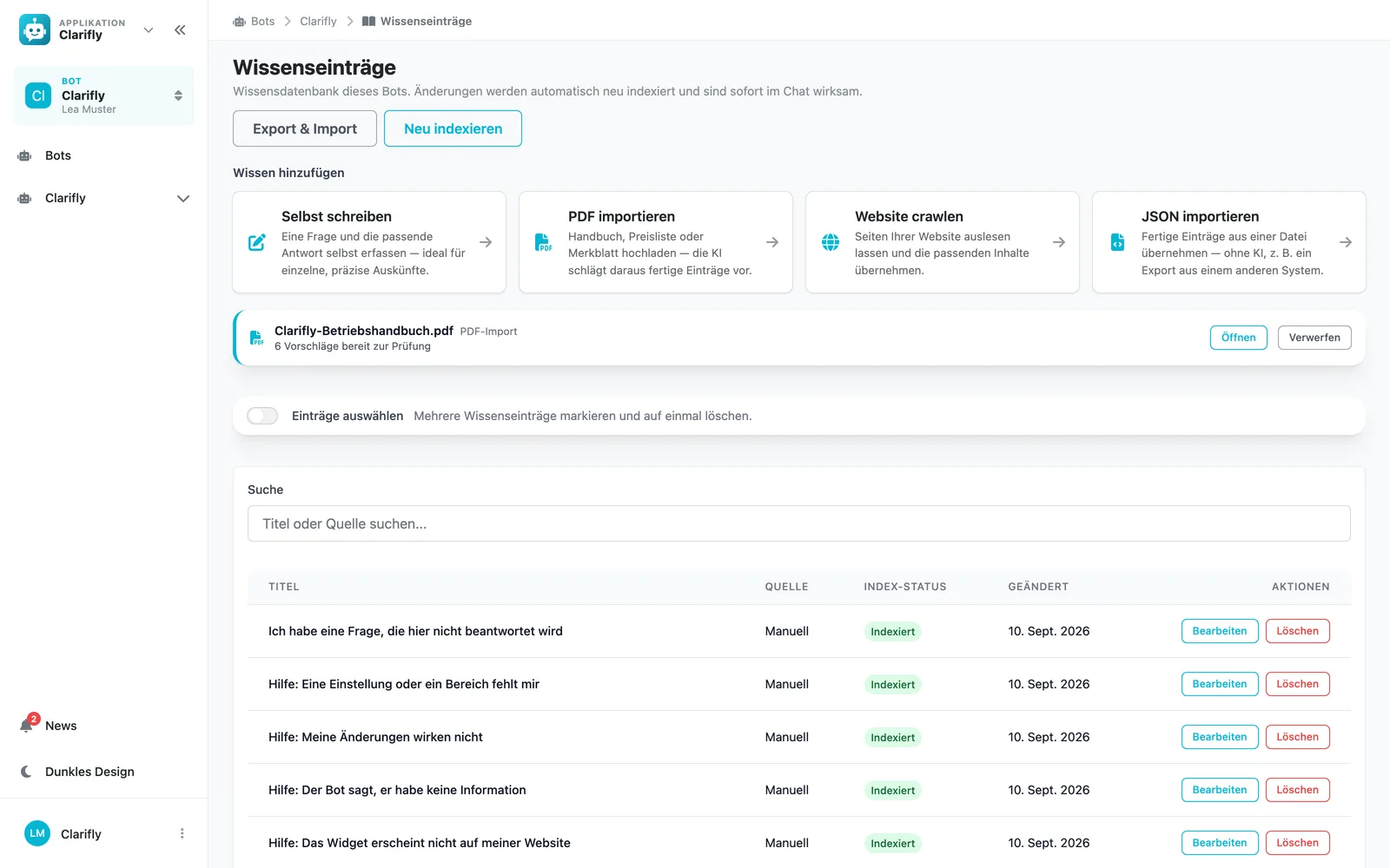 Knowledge base in the dashboard with entries and index status