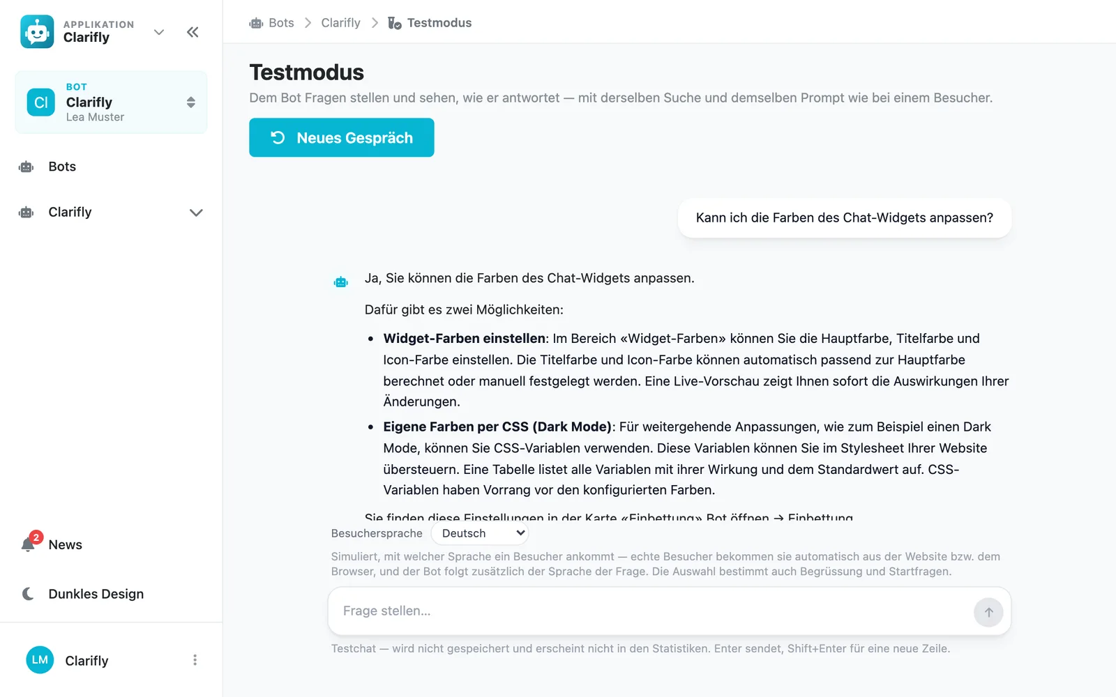 Chat de test dans le tableau de bord, avec une réponse et ses sources