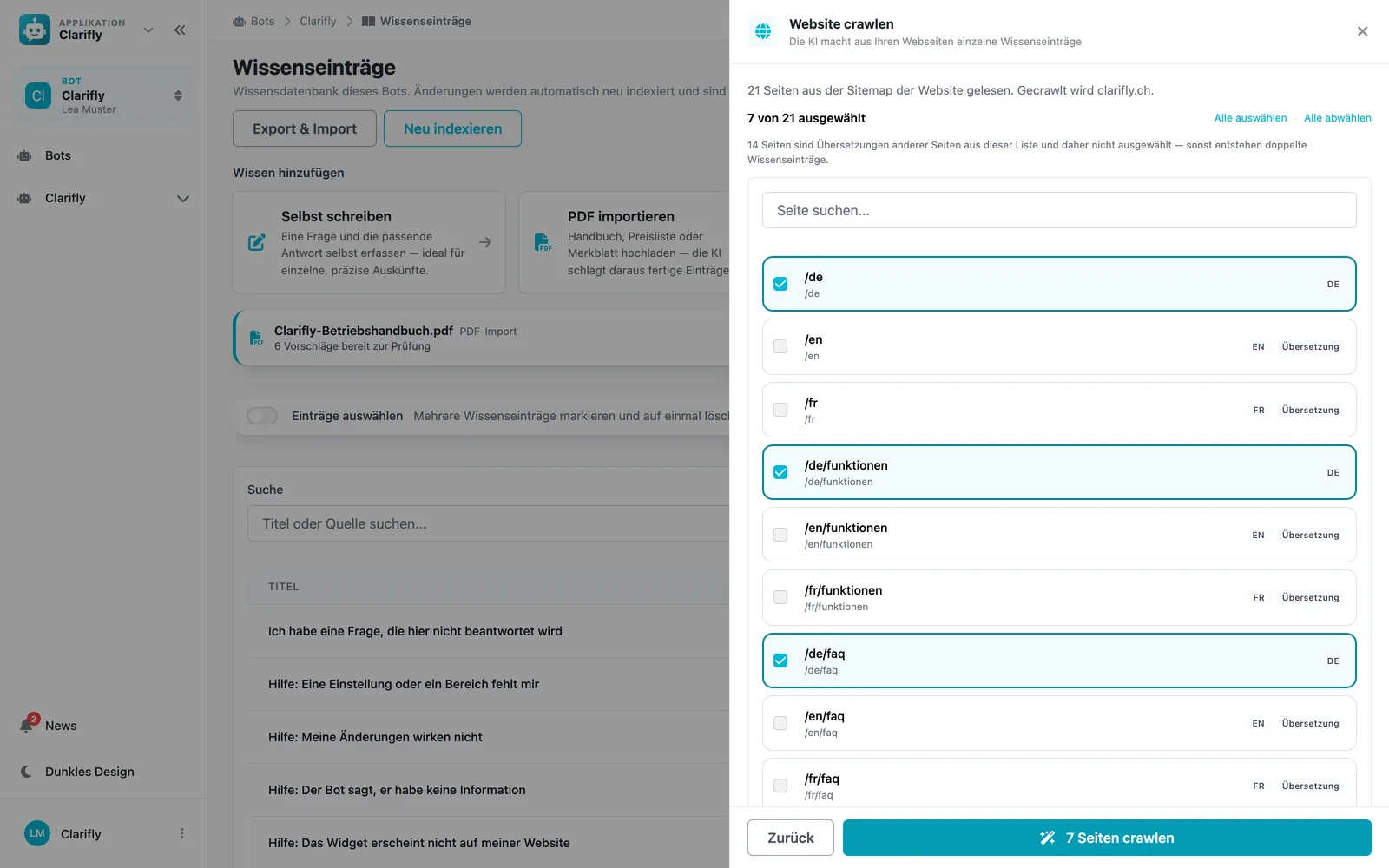 Sélection des pages lors de l'import d'un site web, avec badges de langue